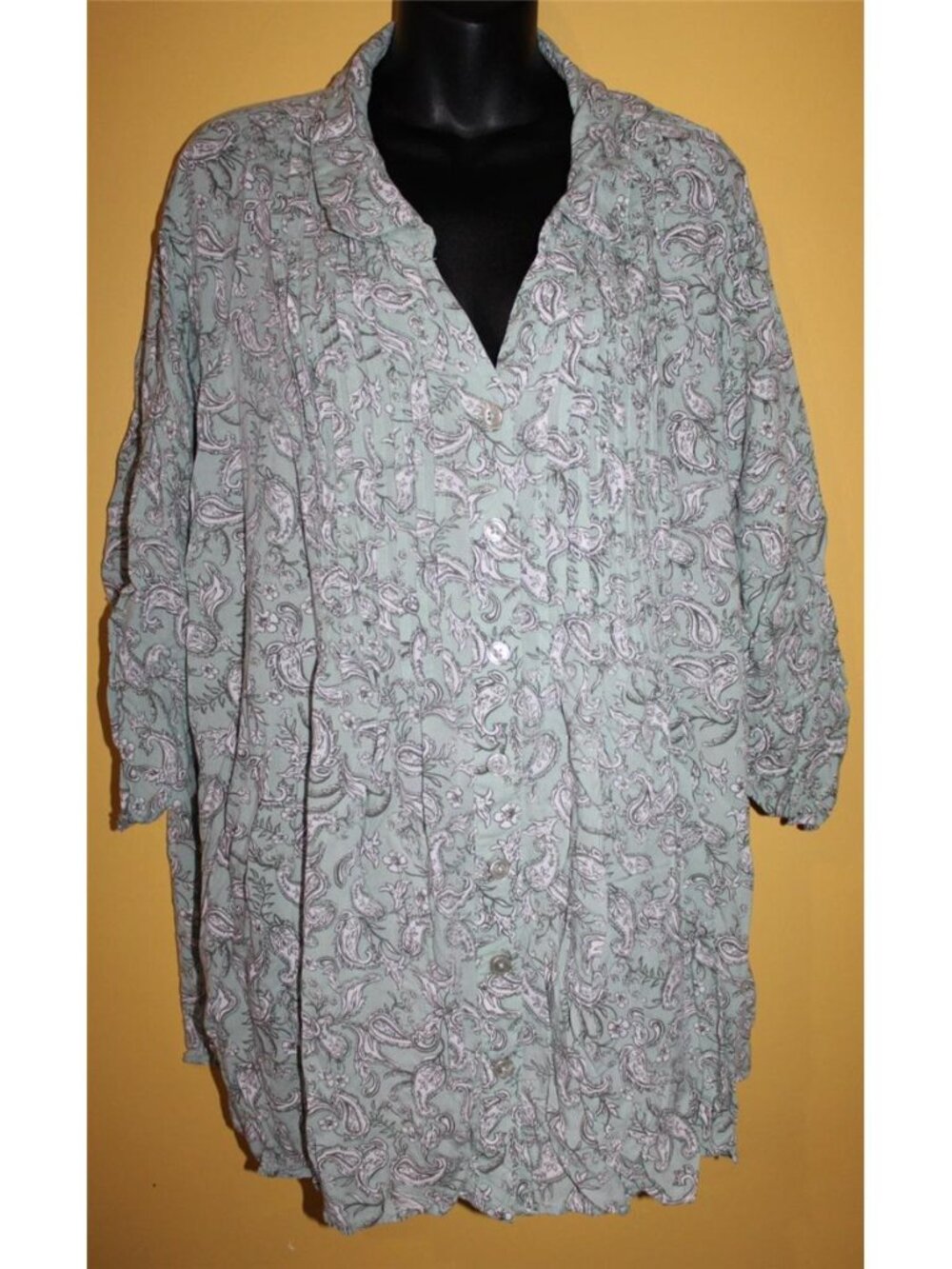 Woman Within 30/32 Mint Green 3/4 Sleeve Pintuck Button Front Blouse 4x 5x